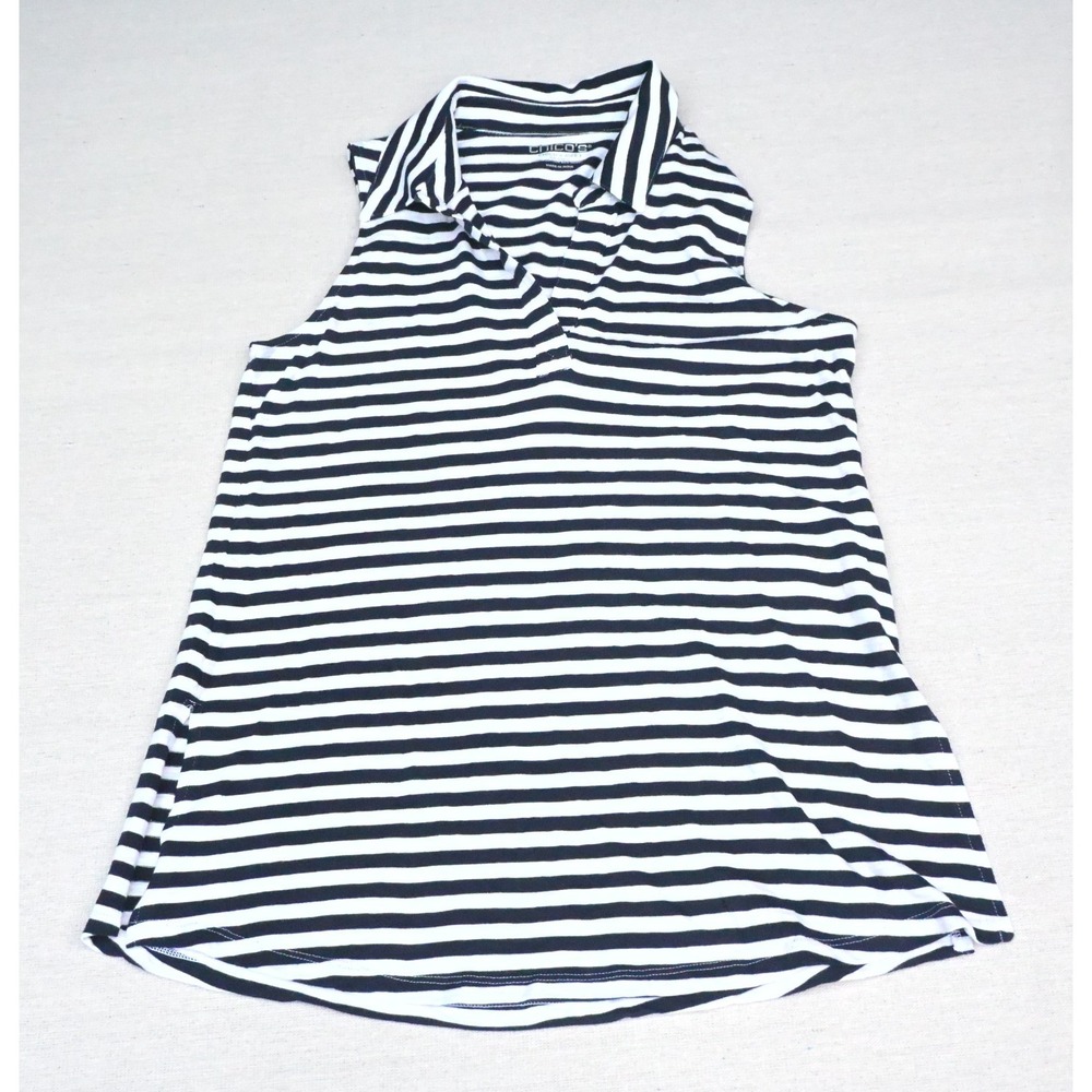 Chicos Womens 1 US M Navy White Striped Sleeveless Polo Top Cotton Split V Neck